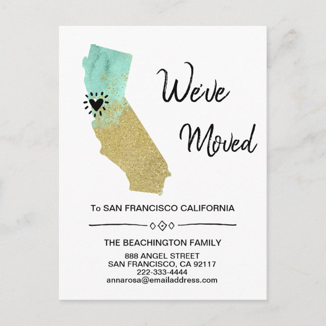*~* STATE California Glitter Mint Moving Announcement Postcard (Front)
