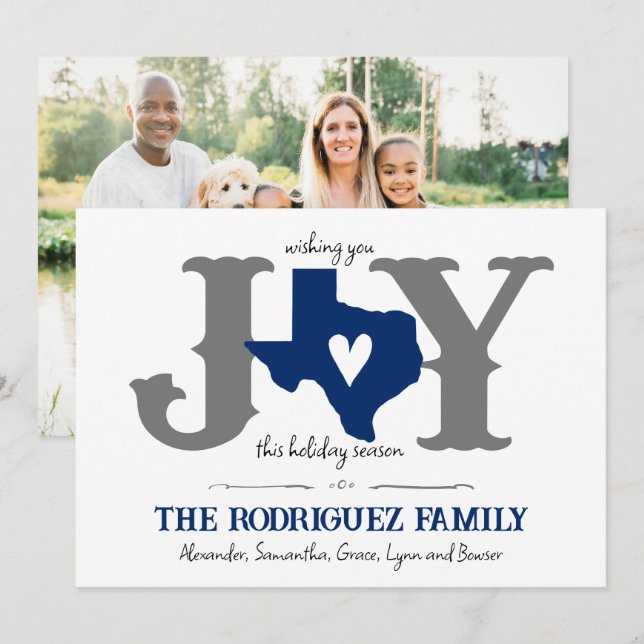 State Flag Blue Texas JOY Photo Holiday Card (Front/Back)