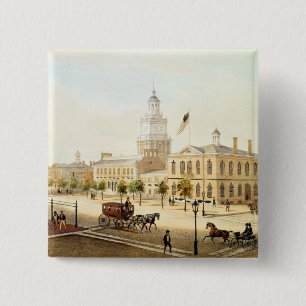 State House, Philadelphia, engraved by Deroy 2 Inch Square Button