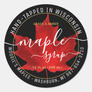 State Name Fancy Font Maple Syrup Red Leaf Black   Classic Round Sticker