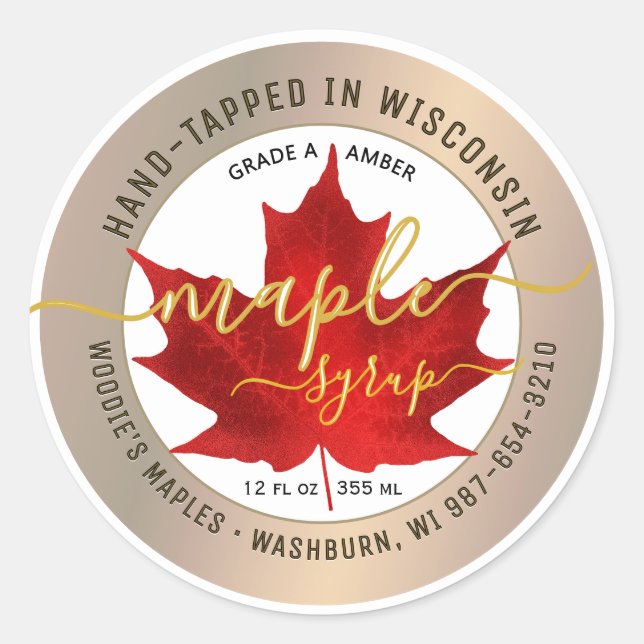 State Name Fancy Font Maple Syrup Red Leaf Gold    Classic Round Sticker (Front)