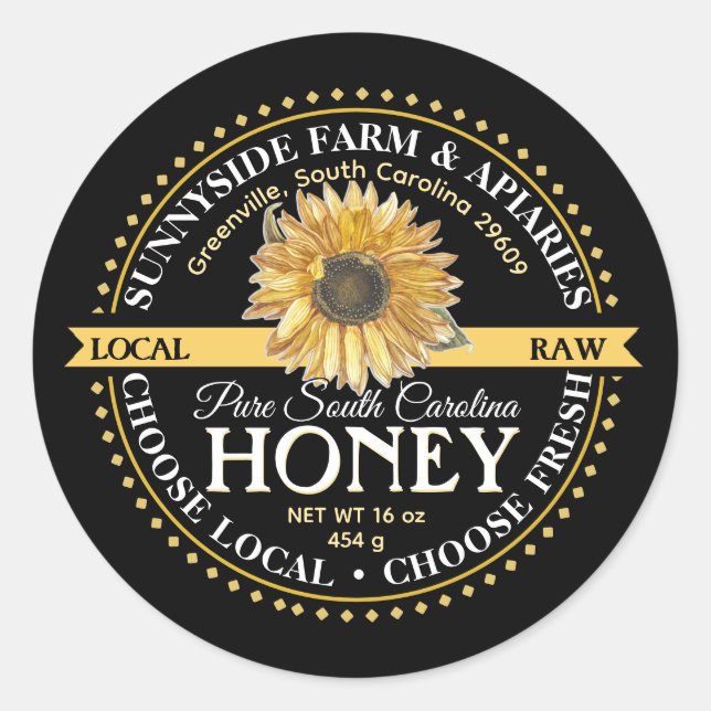 State Name Raw Honey Label with Vintage Sunflower  (Front)