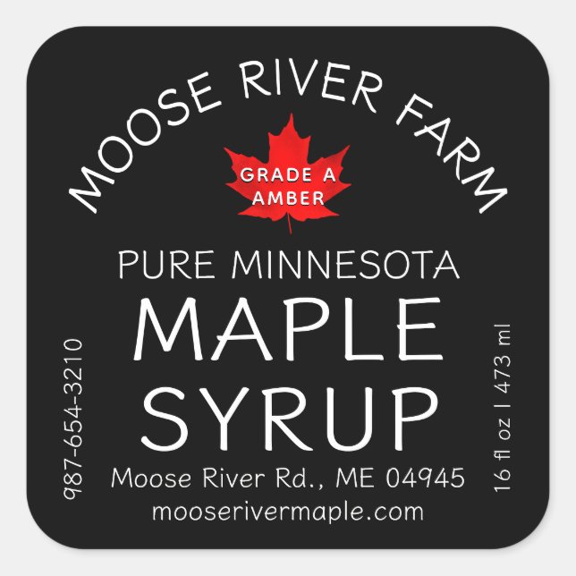 State Name Red Leaf Maple Syrup Modern Black Square Sticker (Front)