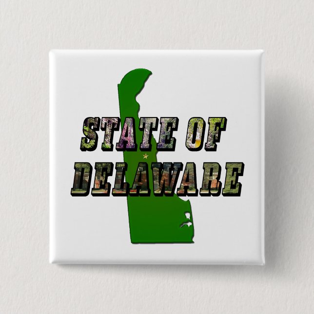 State of Delaware Picture Text & Map Outline 2 Inch Square Button (Front)