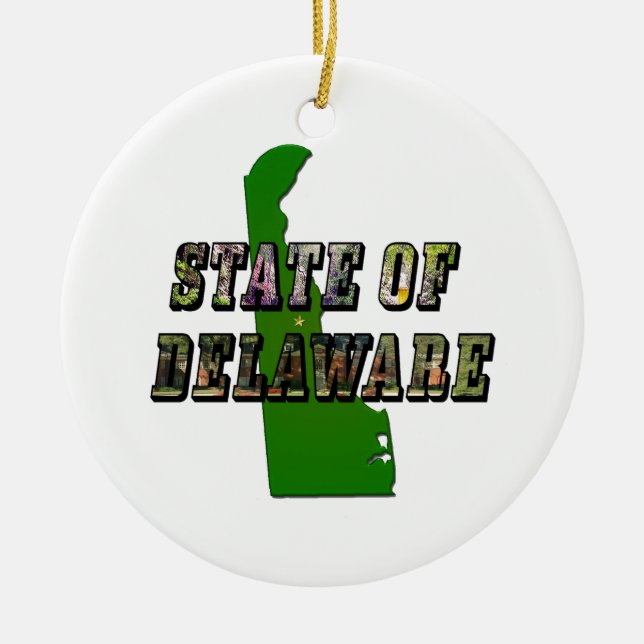 State of Delaware Picture Text & Map Outline Ceramic Ornament (Front)