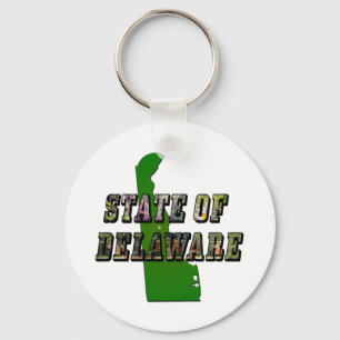 State of Delaware Picture Text & Map Outline Keychain