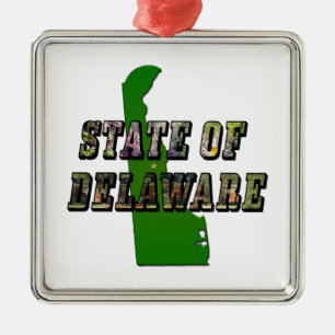 State of Delaware Picture Text & Map Outline Metal Ornament