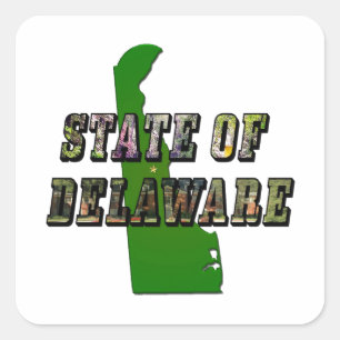 State of Delaware Picture Text & Map Outline Square Sticker