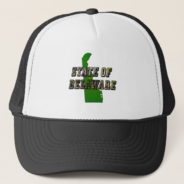 State of Delaware Picture Text & Map Outline Trucker Hat (Front)
