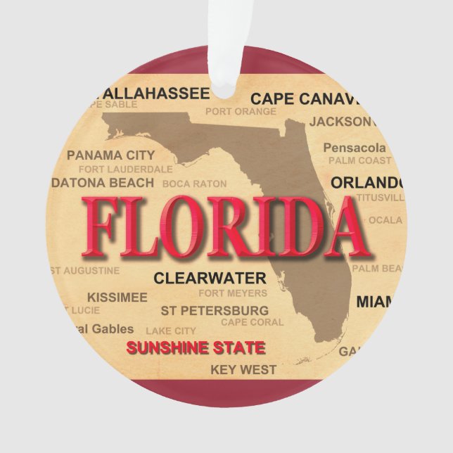 State Of Florida Map, Miami, Orlando, Key West Ornament (Front)