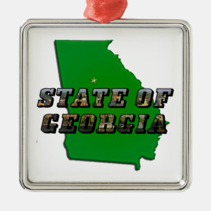 State of Georgia Map Outline and Picture Text Metal Ornament