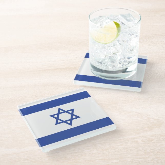 State of Israel Flag, Star of David Judaism Jewish Glass Coaster (Angled)