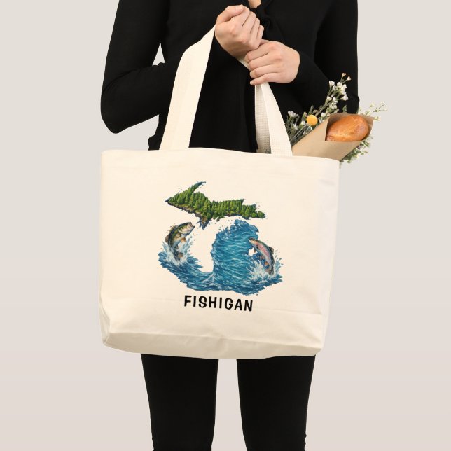 State of Michigan Graphic with Fish Large Tote Bag (Front (Product))