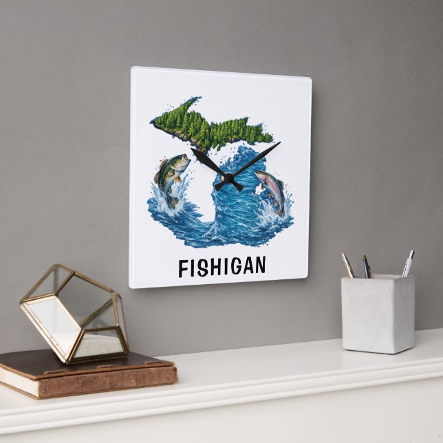 State of Michigan Graphic with Fish Square Wall Clock (Office)
