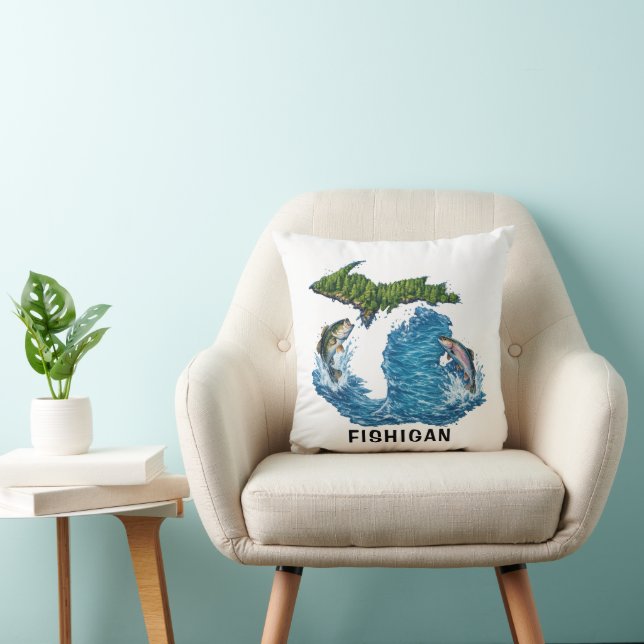 State of Michigan Graphic with Fish Throw Pillow (Chair)