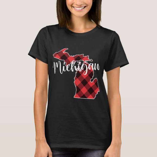 State Of Michigan Map Buffalo Plaid Christmas MI M T-Shirt (Front)