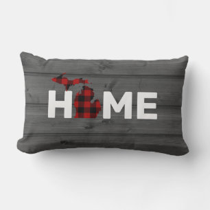 state of Michigan outline in buffalo plaid on wood Lumbar Pillow