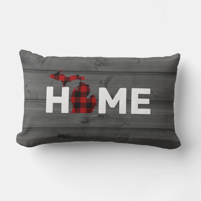 state of Michigan outline in buffalo plaid on wood Lumbar Pillow (Front)