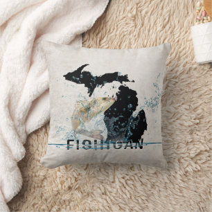 State of Michigan With Big Fish Throw Pillow