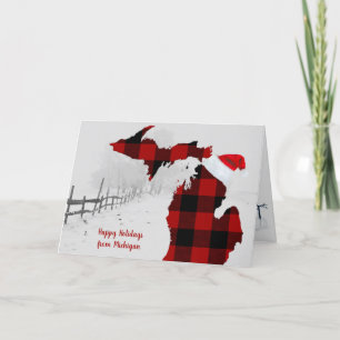 state of Michigan with buffalo plaid and Santa cap Card