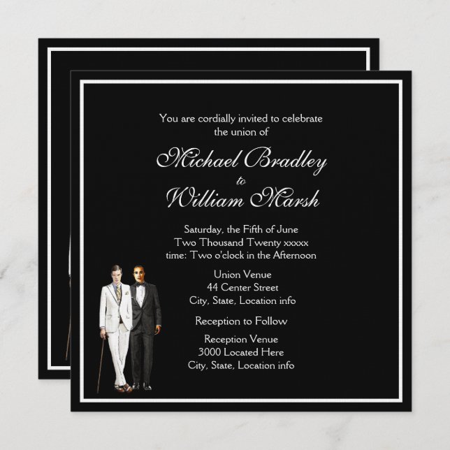 Stately Black & White Two Grooms  Invitation (Front/Back)