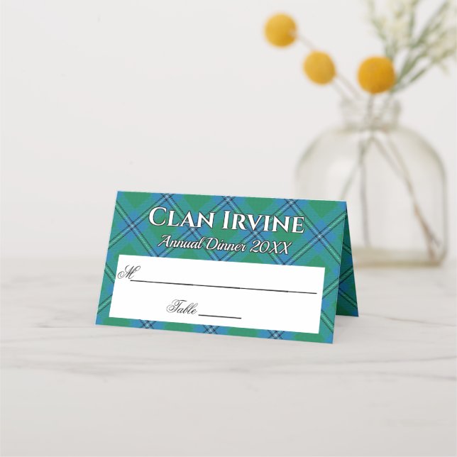 Stately Clan Irvine Irwin Tartan Motto Place Card (Front)