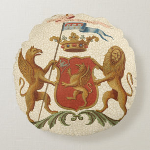Stately Heraldic Badge with Griffin and Lion Round Pillow