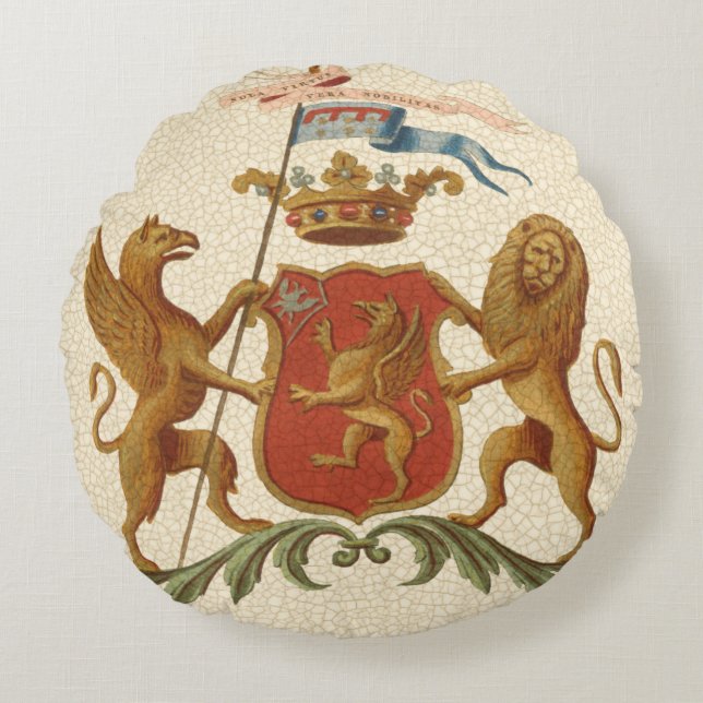 Stately Heraldic Badge with Griffin and Lion Round Pillow (Front)