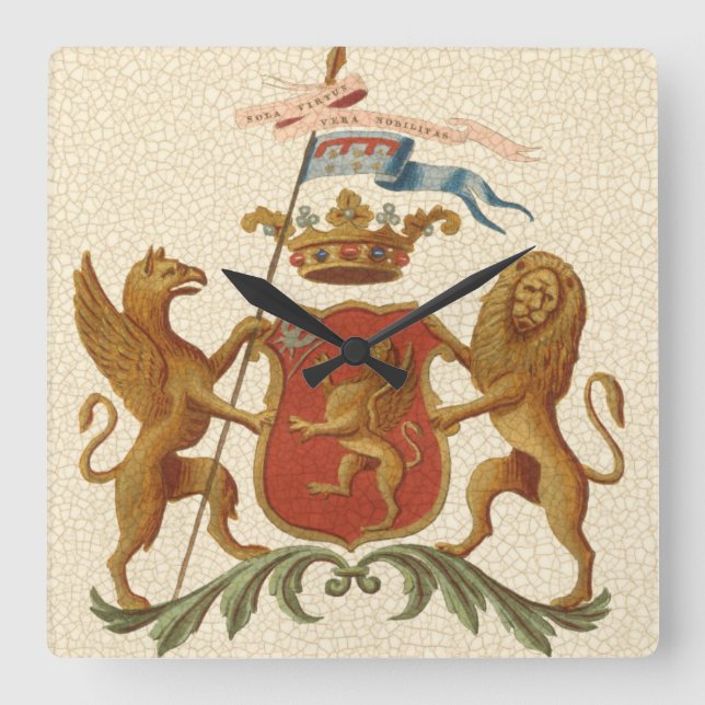 Stately Heraldic Badge with Griffin and Lion Square Wall Clock (Front)