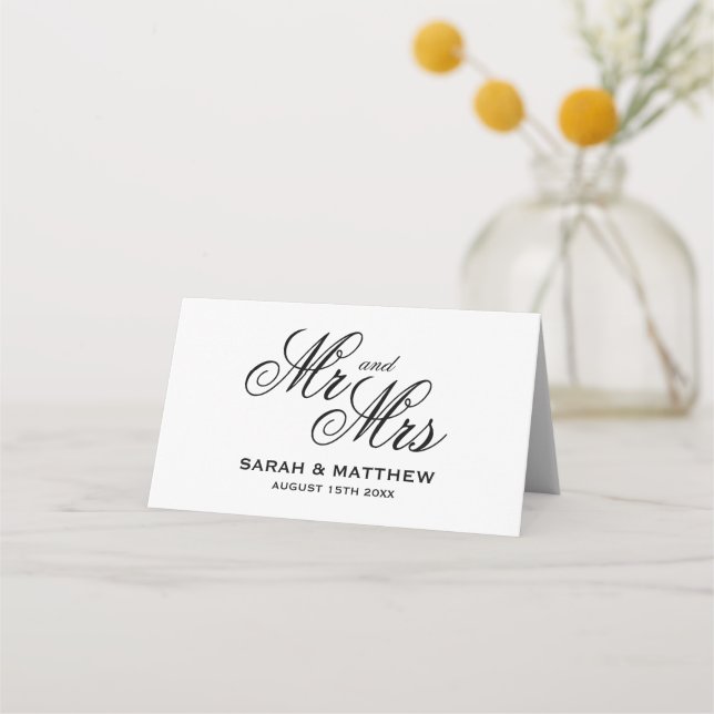 Stately script typography Mr & Mrs wedding Place Card (Back)