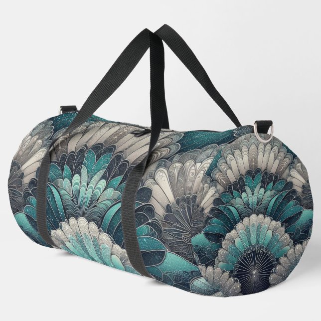 Statement Art Nouveau Blue Silver Fans Duffle Bag (Left Corner)