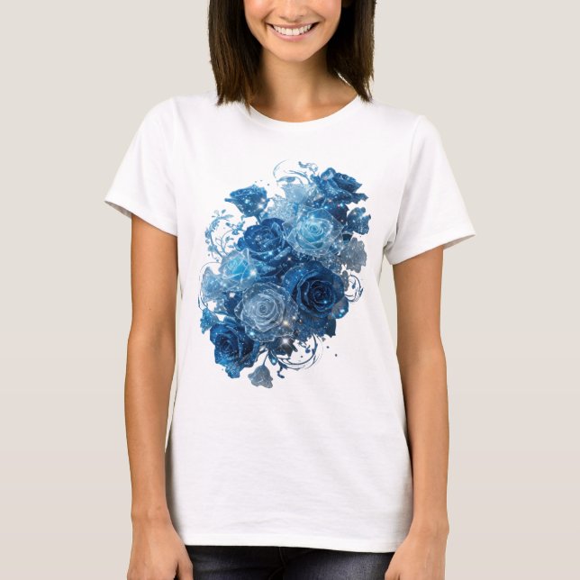 Statement Silver BLUE ROSES Text Design T-Shirt (Front)