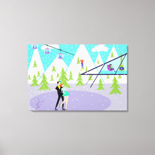 Station de ski d'hiver rétrospective toile étirée