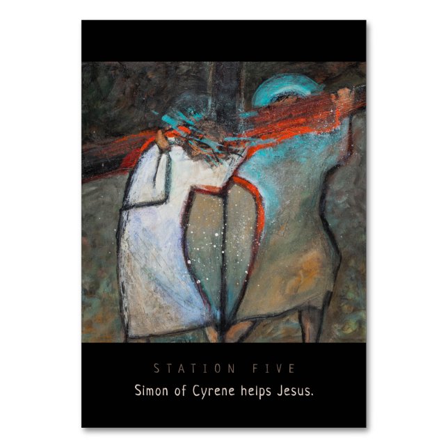 Station Five, Simon of Cyrene helps, Prayer Card (Front)