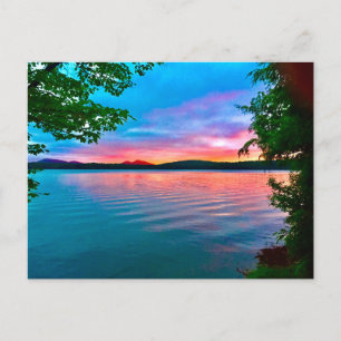 stationary, pink and blue sunset on lake postcard