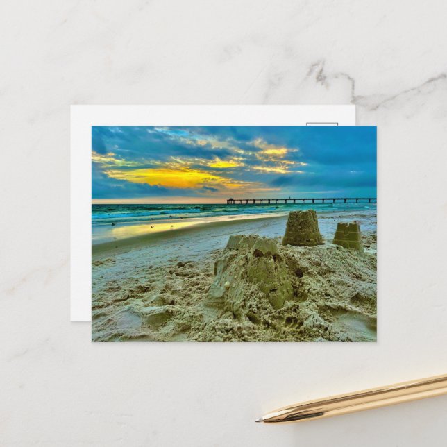 stationary, Sand Castles On The Beach Postcard (Front/Back In Situ)