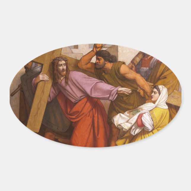 Stations of the Cross 5 Simon Carries the Cross Oval Sticker (Front)