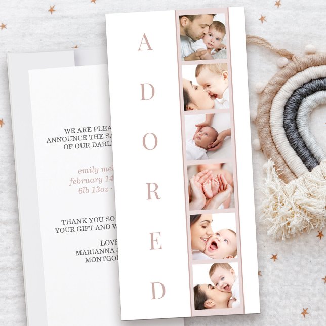 Statistiques ADORED Multi Photo Girl Faire-part de (Adored Baby Birth Announcement in pink with 6 photos and personal message)