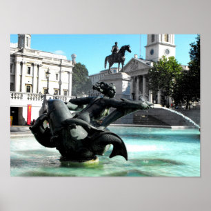 Statue and fountain in Trafalgar Square Poster
