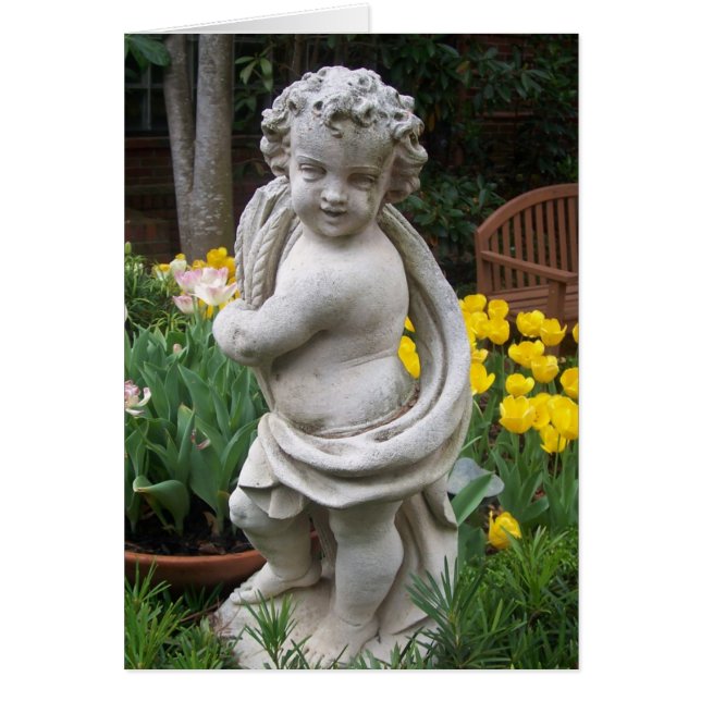 statue and tulips card (Front)