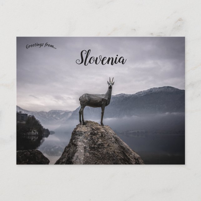 Statue of Goldhhorn Lake Bohinj Slovenia Postcard (Front)