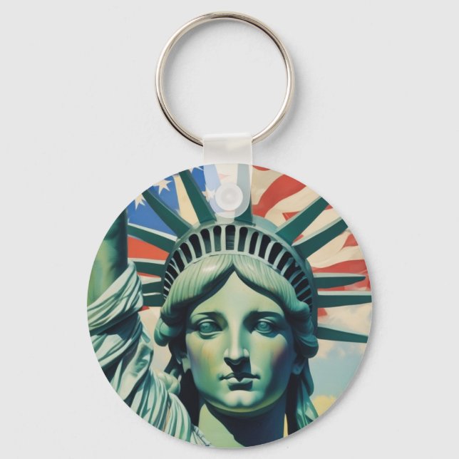 Statue of Liberty & American Flag Art New York Keychain (Front)