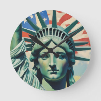 Statue of Liberty & American Flag Art New York Round Clock
