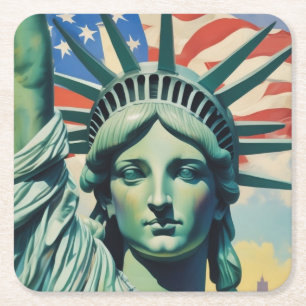 Statue of Liberty & American Flag Art New York Square Paper Coaster