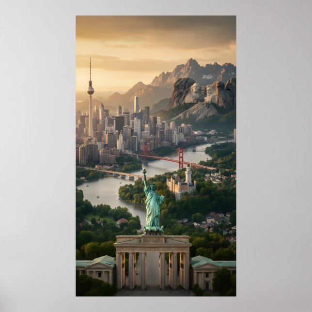 Statue of Liberty and Global Landmarks Fantasy  Poster (Front)