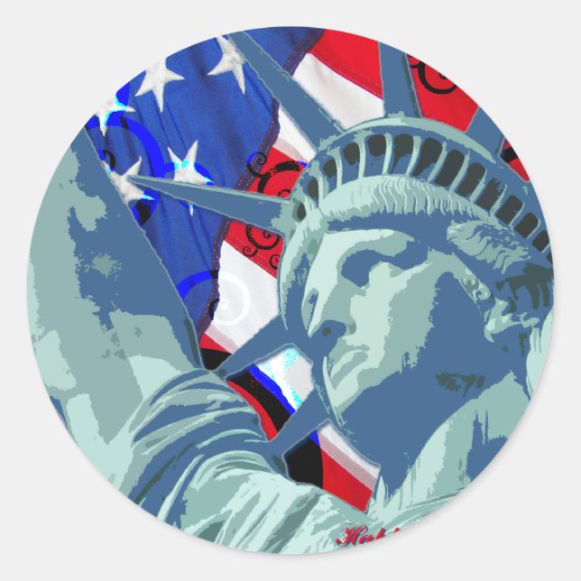 Statue of Liberty and Patriotic American Flag Classic Round Sticker (Front)