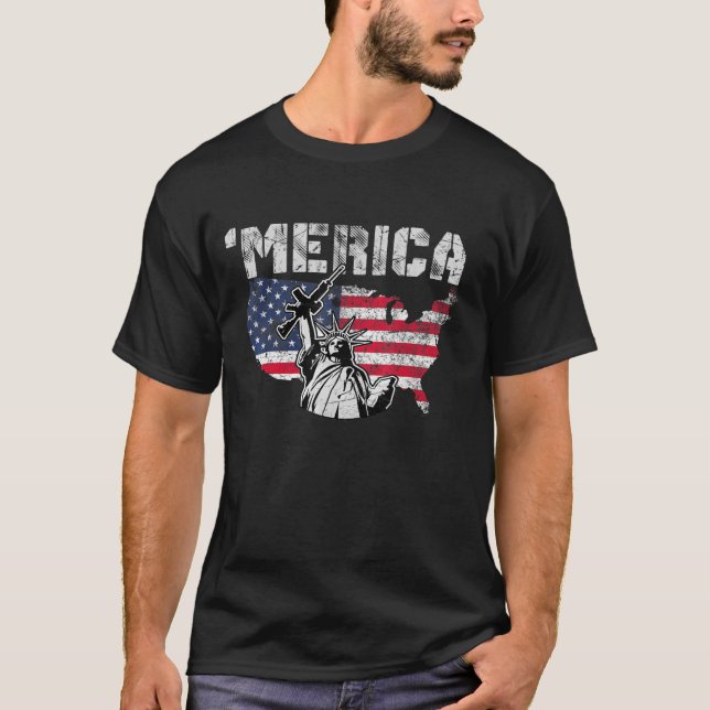 Statue Of Liberty Holding A Gun - Merica Red White T-Shirt (Front)