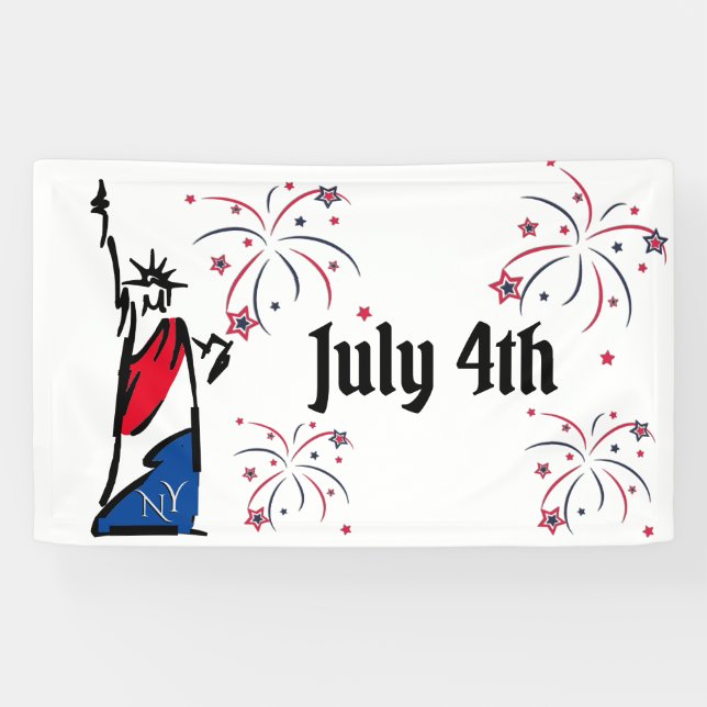 Statue of Liberty July 4th Stripes Fireworks Banner (Horizontal)