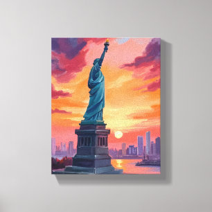 Statue of Liberty NYC Skyline Sunset Watercolor Canvas Print