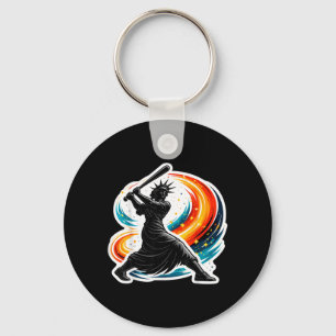 Statue of Liberty Swinging Baseball Bat American Keychain